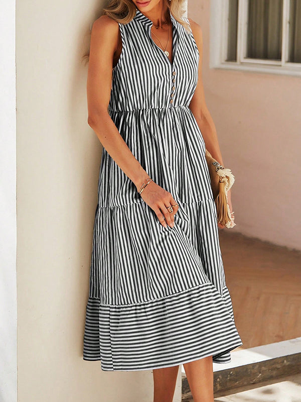 Buttoned Split-Joint Striped A-Line High Waisted V-Neck Midi Dresses