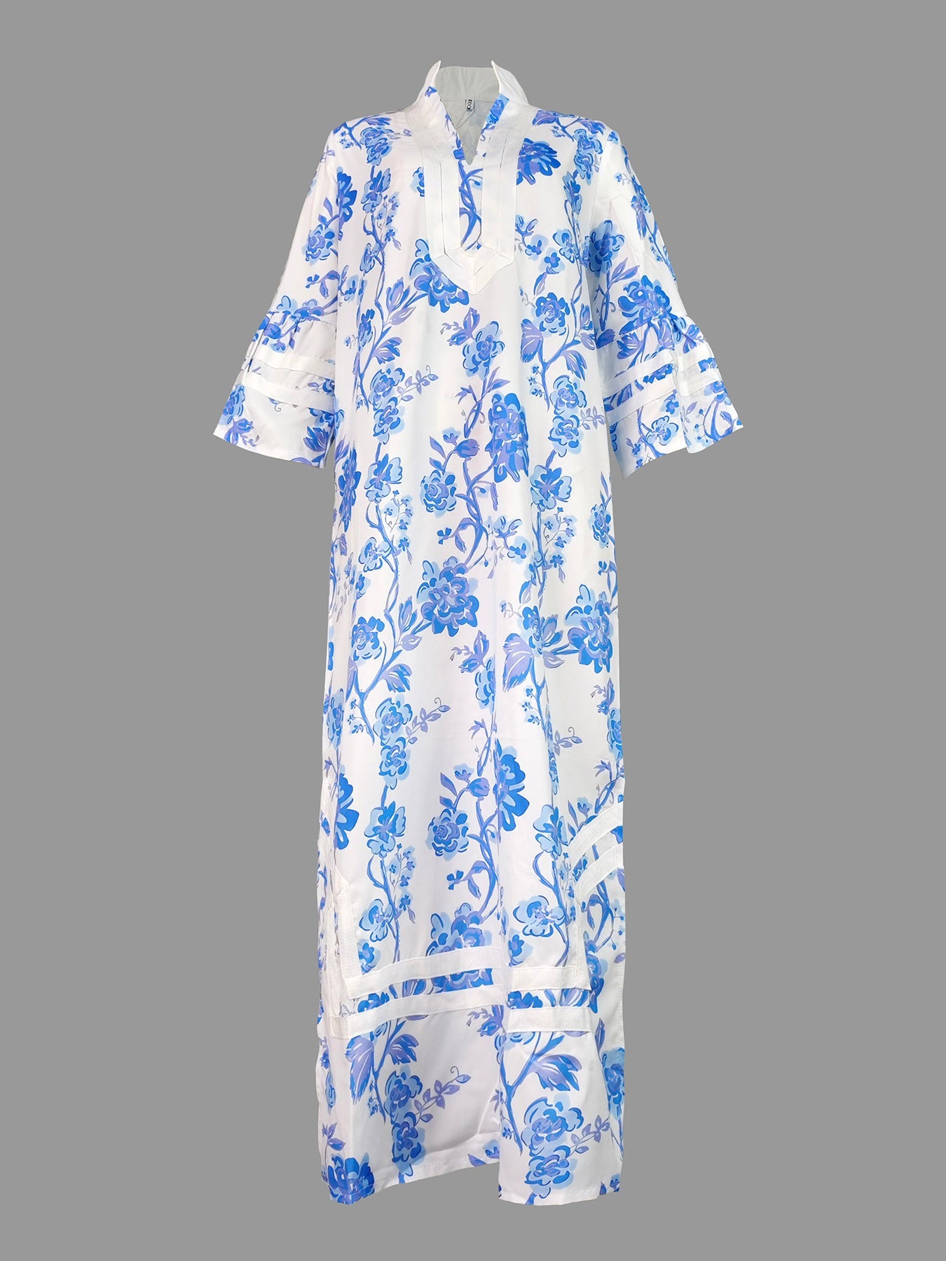 Flower Print Split-Joint Split-side Flared Sleeves Loose Deep V-Neck Midi Dresses