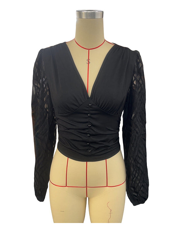 Buttoned Mesh Pleated See-Through Solid Color Split-Joint Long Sleeves Loose Deep V-Neck Blouses&shirts Tops