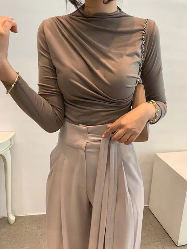 Pleated Solid Color Long Sleeves Skinny Mock Neck T-Shirts Tops