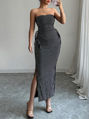 Contrast Color Sleeveless Striped Tube Top + Split-Side Drawstring Bodycon Skirts Bottom Two Pieces Set