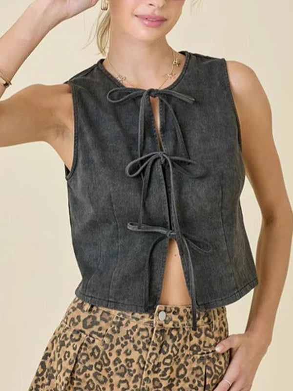 Lace-Up Split-Joint Loose Sleeveless Round-Neck Vest Top