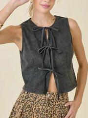 Lace-Up Split-Joint Loose Sleeveless Round-Neck Vest Top