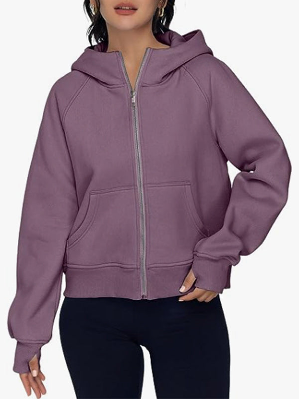 Pockets Solid Color Zipper Hooded Long Sleeves Outerwear Jackets