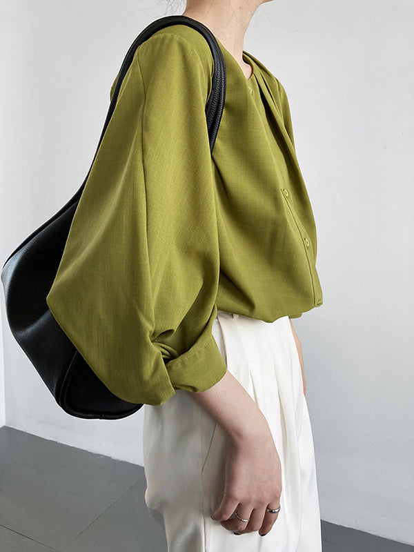 Pleated See-Through Solid Color Split-Joint High-Low Loose Round-Neck Blouses
