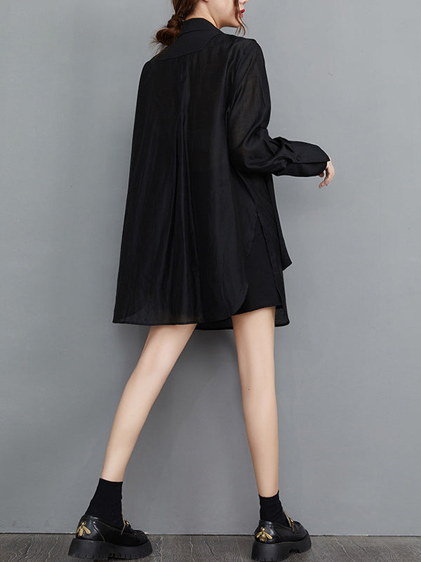 Buttoned Mesh Pockets Solid Color Split-Joint Sun Protection Tied Waist False Two Long Sleeves Notched Collar Outerwear Blazer