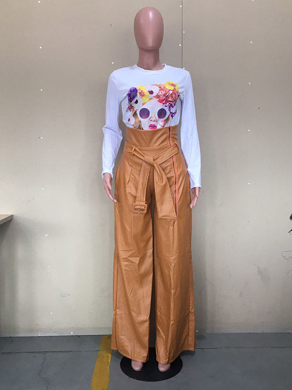 Belted Solid Color Zipper High Waisted Wide Leg Trousers Pants
