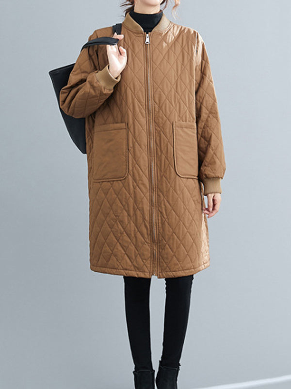 Pockets Quilted Solid Color Zipper Long Sleeves Loose Stand Collar Padded Coat