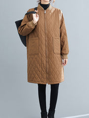 Pockets Quilted Solid Color Zipper Long Sleeves Loose Stand Collar Padded Coat