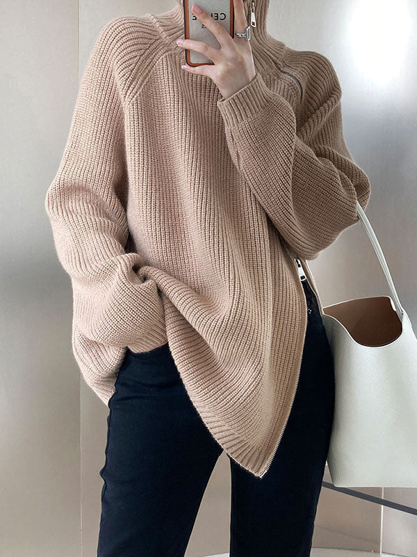 Urban Loose Long Sleeves Split-Side Solid Color Zipper Halter-Neck Sweater Tops