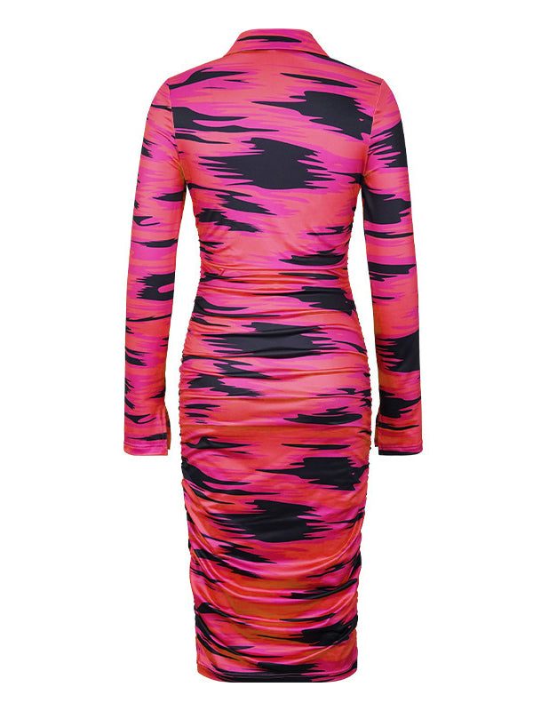 Buttoned Printed High Waisted Long Sleeves Deep V-Neck Midi Dresses