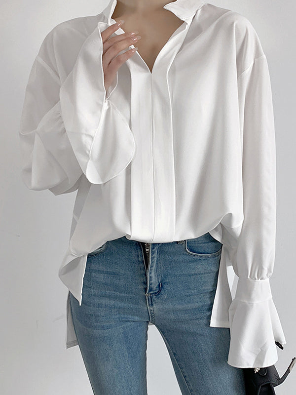 Solid Color Flared Sleeves High-low V-neck Blouses&shirts Tops