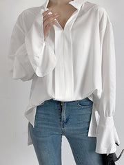 Solid Color Flared Sleeves High-low V-neck Blouses&shirts Tops