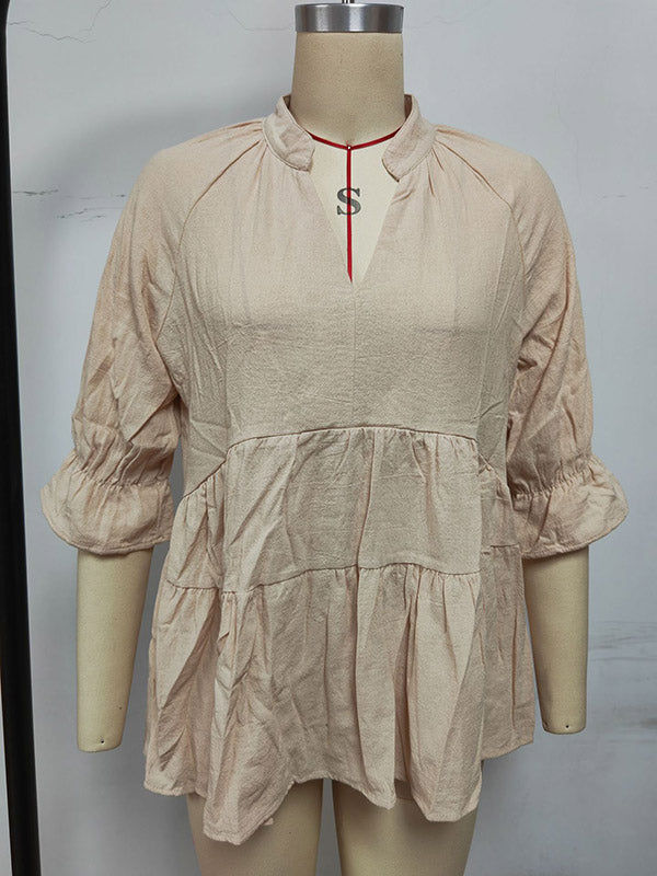 Elasticity Pleated Solid Color Split-Joint Loose Three-Quarter Sleeves V-Neck T-Shirts Tops