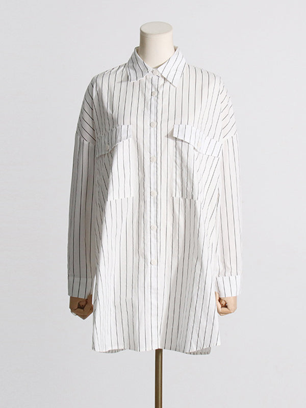 Buttoned Pockets Striped Long Sleeves Loose Lapel Blouses&shirts Tops