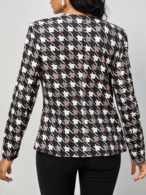 Houndstooth Pockets Long Sleeves Loose V-neck Outerwear Blazer