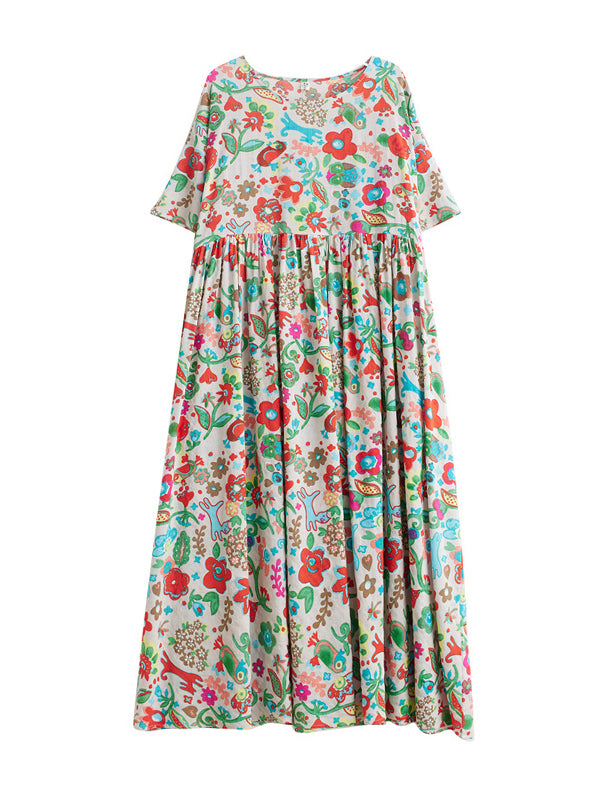 Pleated Printed Split-Joint Loose Short Sleeves Round-Neck Midi Dresses