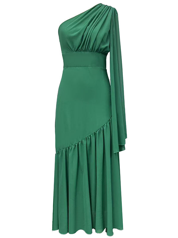 Pleated Solid Color Zipper Long Sleeves Loose One-Shoulder Maxi Dresses