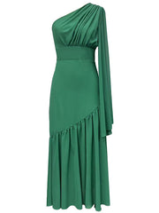 Pleated Solid Color Zipper Long Sleeves Loose One-Shoulder Maxi Dresses