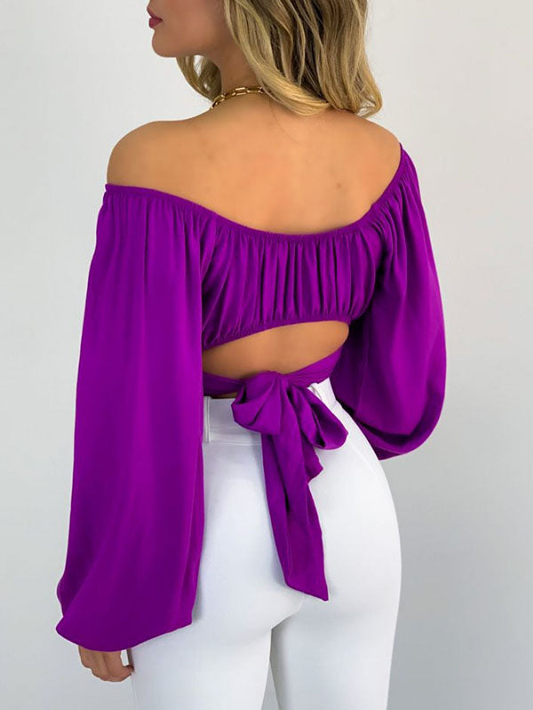 Elasticity Pleated Solid Color Long Sleeves Loose Off-the-shoulder Blouses
