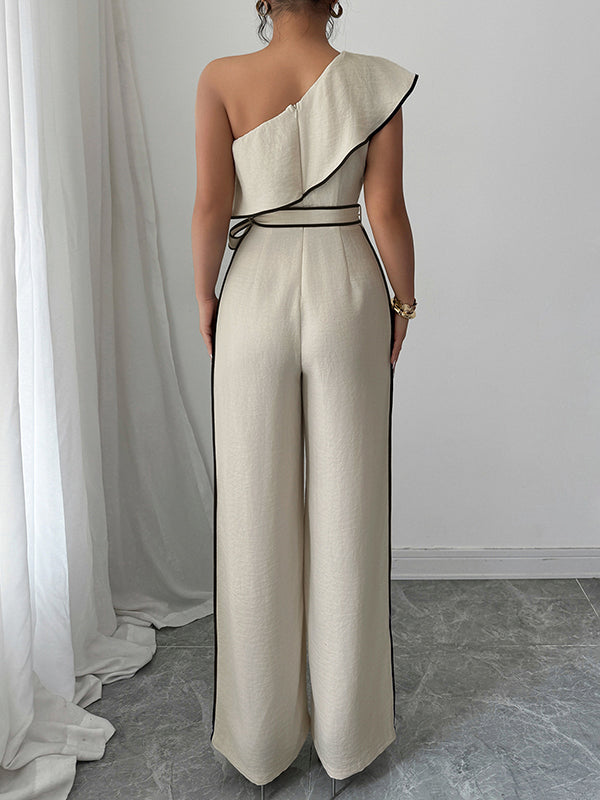 Elasticity Tied Waist High Waisted Wide Leg One-Shoulder Jumpsuits
