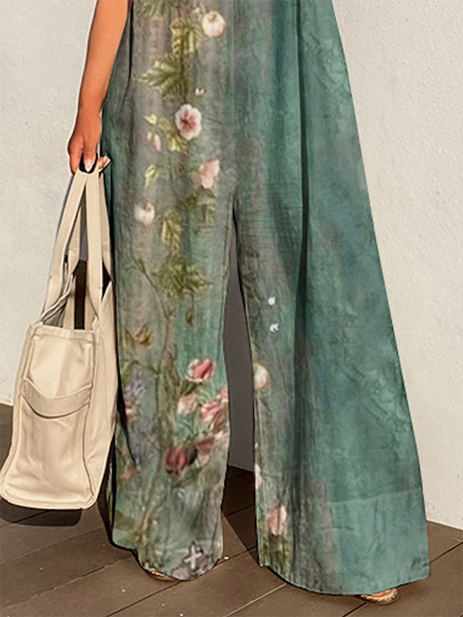 Flower Print Printed Loose Sleeveless Boat Neck Jumpsuits