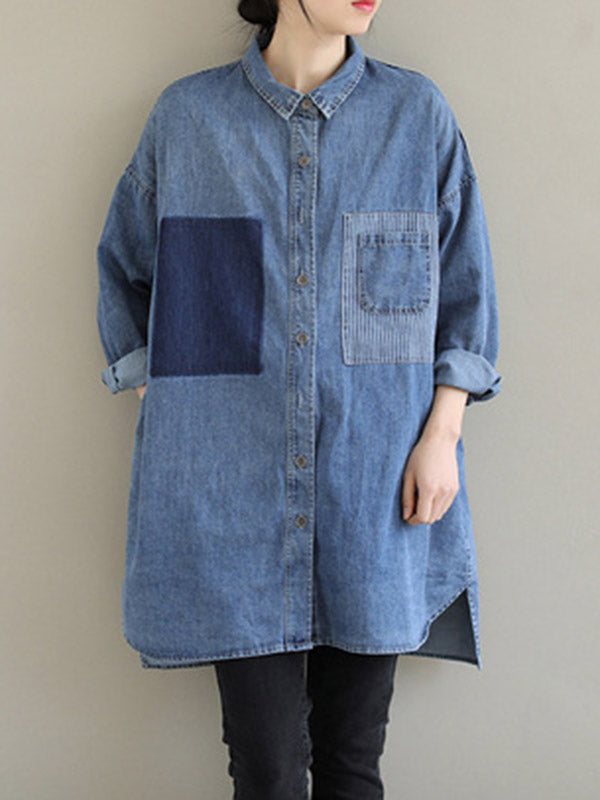 Asymmetric Buttoned Pockets Split-Joint High-Low Long Sleeves Lapel Blouses&Shirts Tops