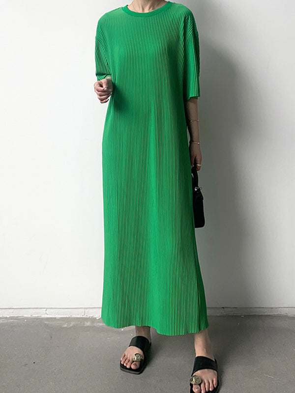 Pleated Solid Color Half Sleeves Loose Round-Neck Midi Dresses