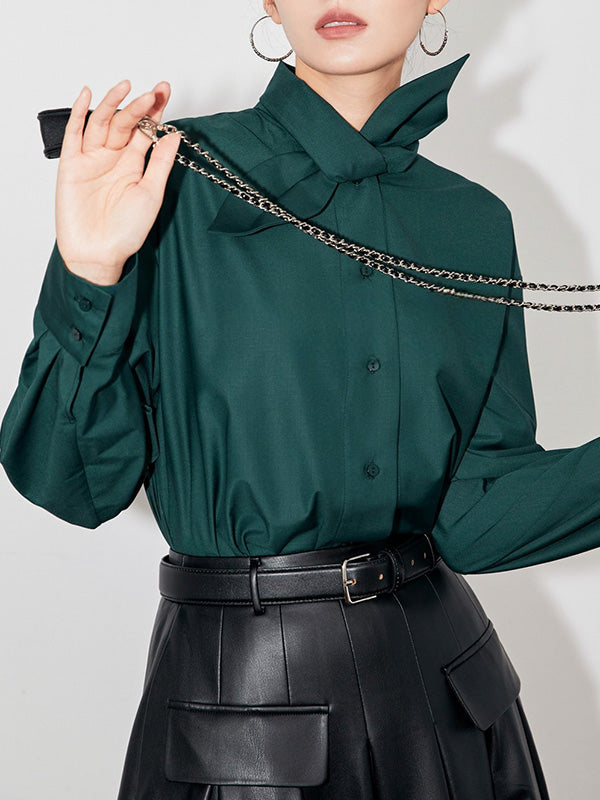 Buttoned Solid Color Long Sleeves Loose Mock Neck Blouses&shirts Tops