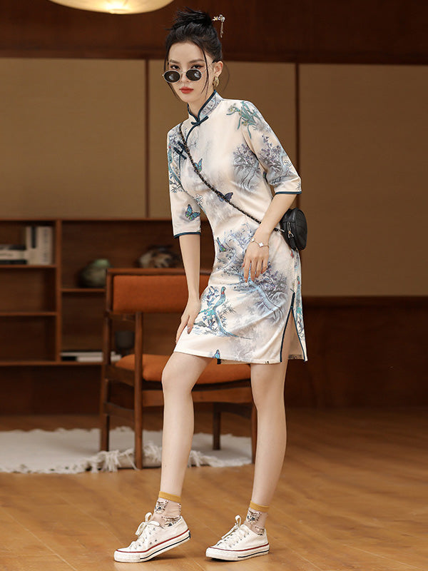 Original Half Sleeves Animal Printed Split-Side Stand Collar Short Cheongsams