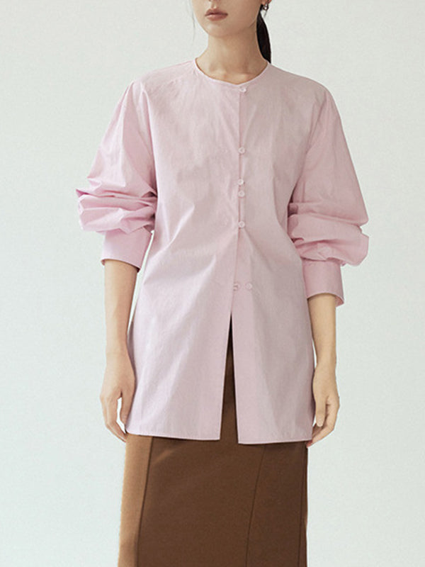 Buttoned Solid Color Tied Long Sleeves Loose Round-Neck Blouses&Shirts Tops