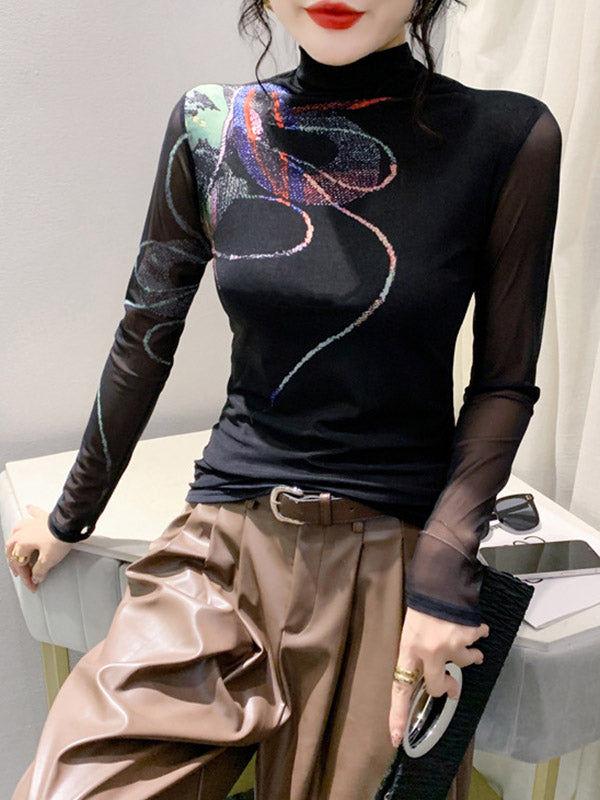 Printed See-Through Split-Joint Long Sleeves Plus Size High Neck T-Shirts