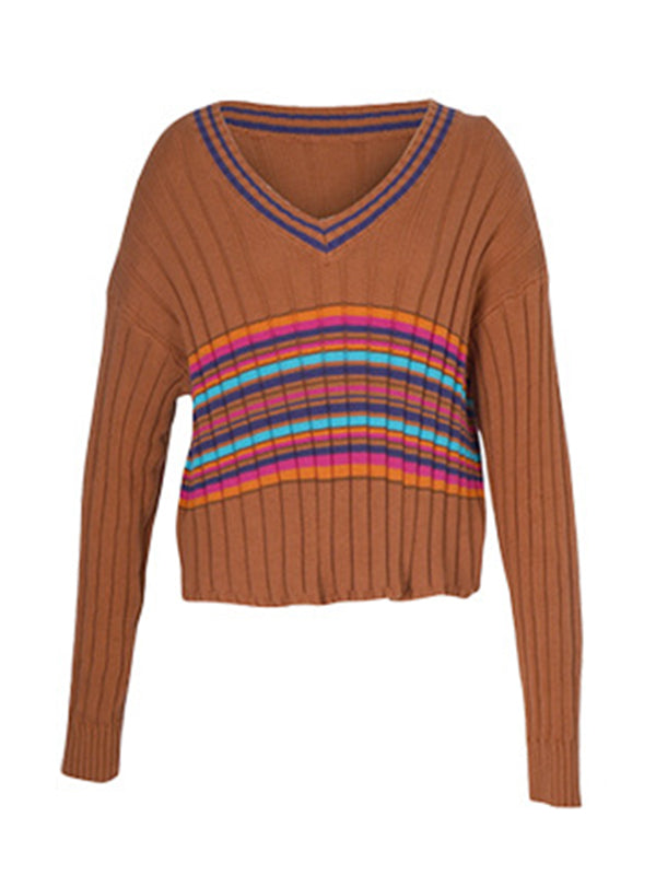 Casual Long Sleeves Striped V-Neck Sweater Tops