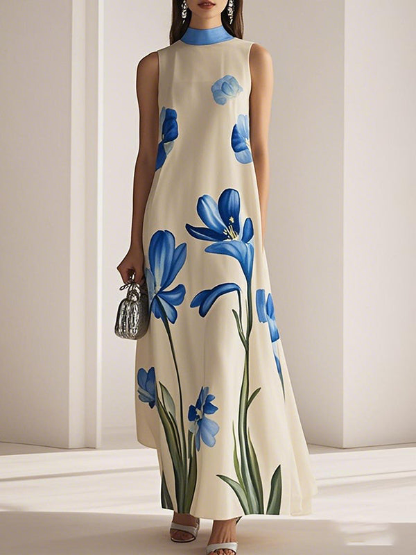 Flower Print Loose Sleeveless Mock Neck Maxi Dresses