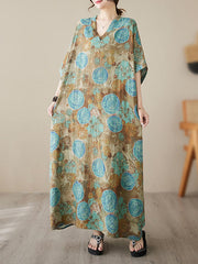 Printed Loose Short Sleeves V-Neck Maxi Dresses