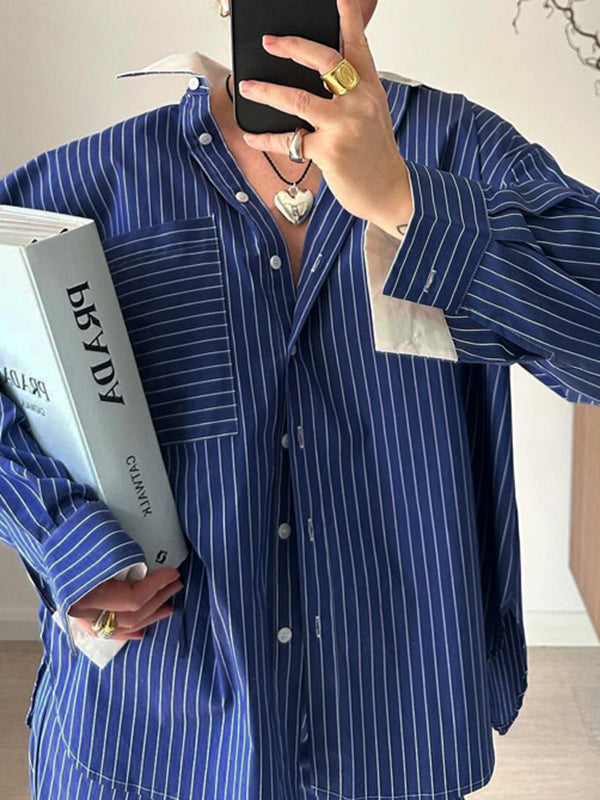 Striped Lapel Long Sleeves Loose Buttoned Pockets Split-Joint Blouses Tops + Pants Bottom Two Pieces Set