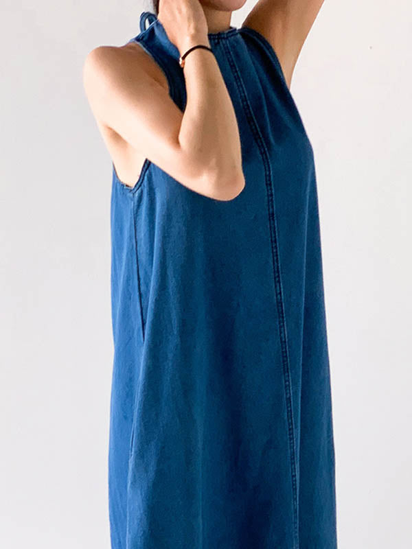 Pockets Solid Color Tied A-Line Loose Round-Neck Maxi Dresses