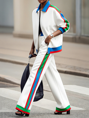 Long Sleeves Loose Contrast Color Striped Zipper Lapel Outerwear