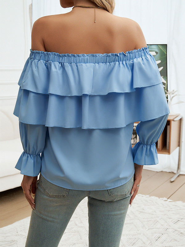 Layered Pleated Solid Color Split-Joint Tied Long Sleeves Loose Off-The-Shoulder Blouses&Shirts Tops