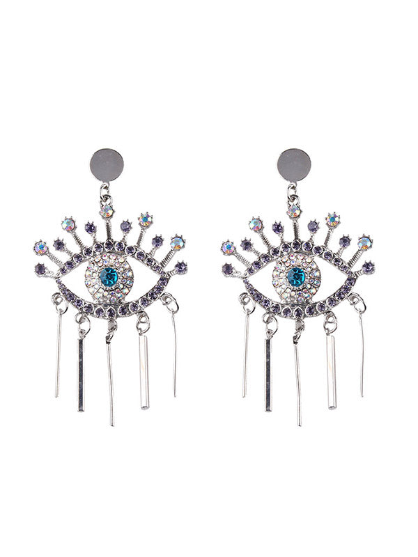 Eye Shape Rhine Stones Tasseled Drop Earrings