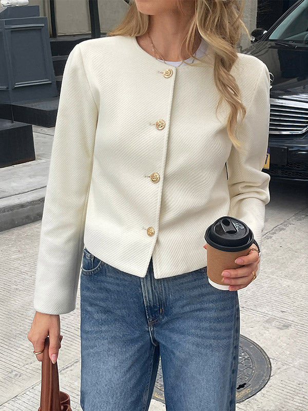 Buttoned Single-Breasted Solid Color Striped Long Sleeves Skinny Collarless Outerwear