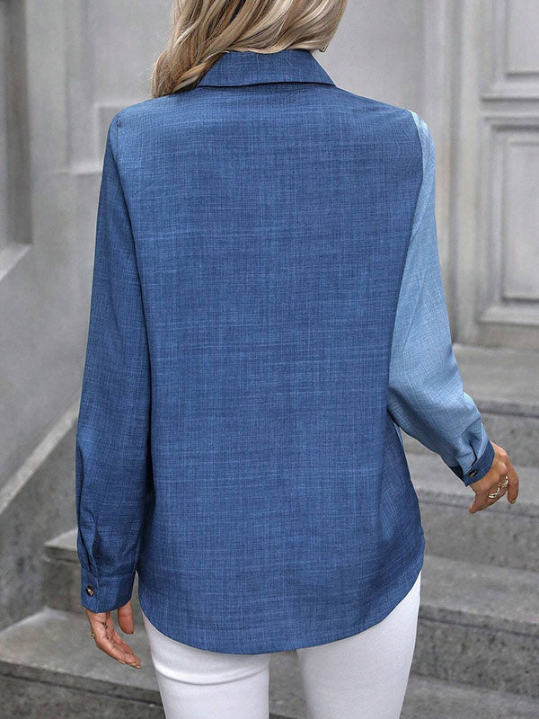 Contrast Color Split-Joint High-Low Long Sleeves Lapel Blouses&Shirts Tops