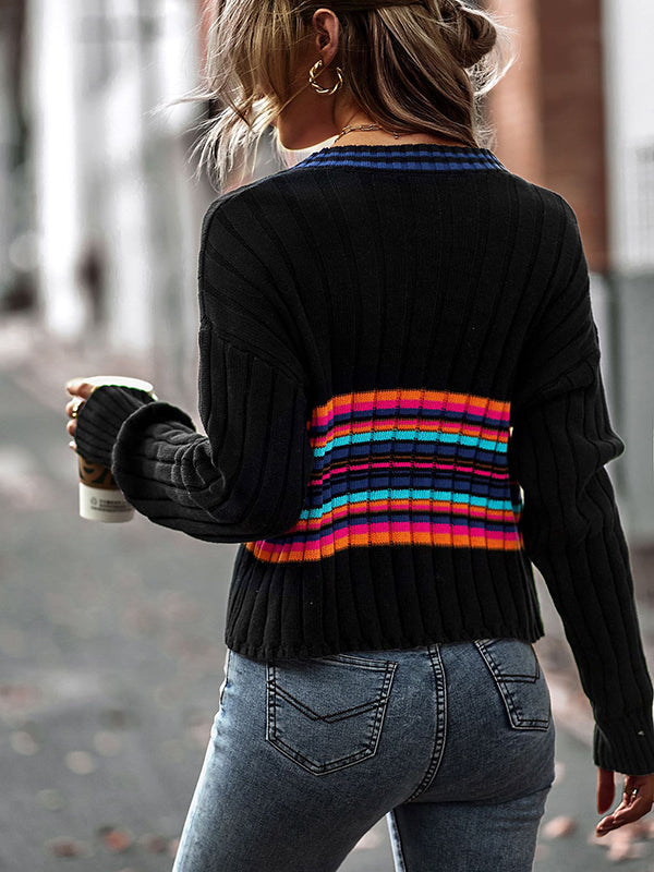 Casual Long Sleeves Striped V-Neck Sweater Tops