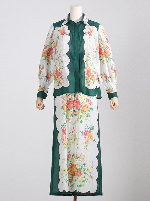 Buttoned Long Sleeves Flower Print Lapel Shirts Top + High Waisted Pants Bottom Two Pieces Set