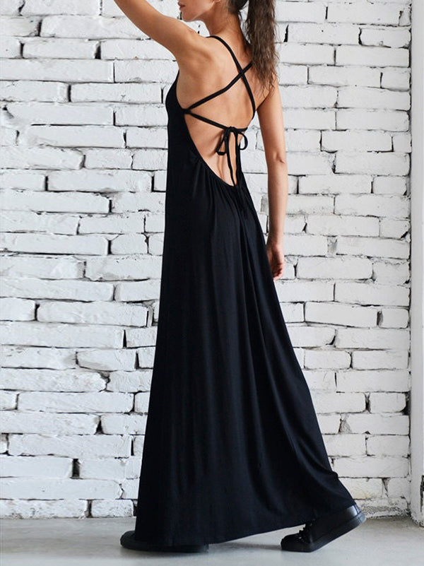 Loose Sleeveless Backless Solid Color Spaghetti-Neck Maxi Dresses