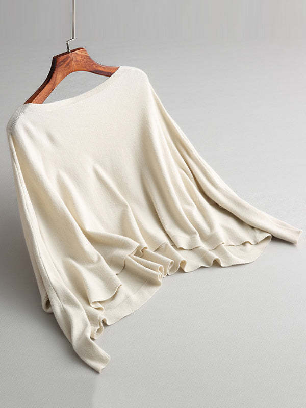 Solid Color Batwing Sleeves High-Low Boat Neck Sweater Pullovers Knitwear