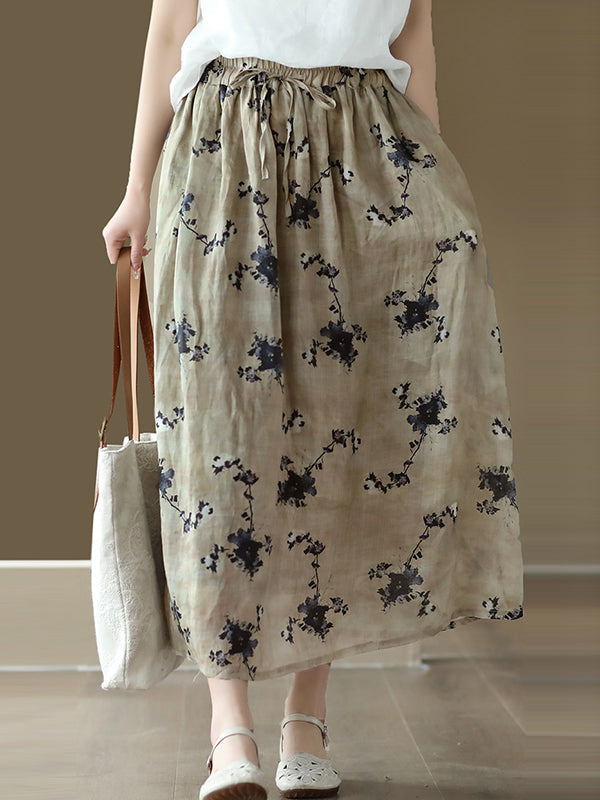 Drawstring Elasticity Floral Printed Loose Skirts