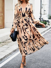 Mesh Printed Split-Joint A-Line High Waisted Deep V-Neck Midi Dresses