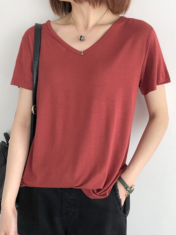 Simple Casual Solid Color V-Neck Short Sleeves T-Shirt Top