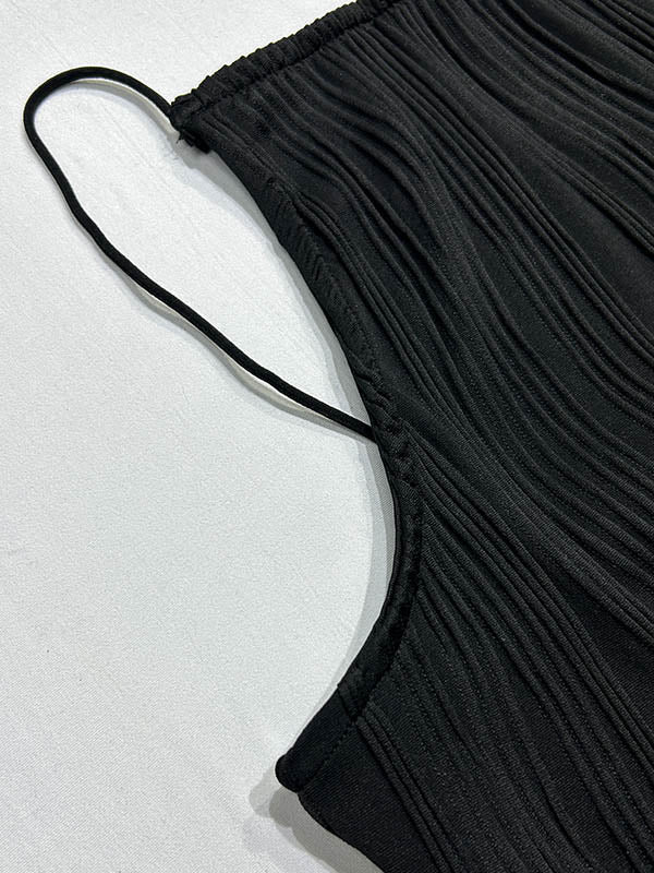Pleated Solid Color Split-back Skinny Sleeveless Spaghetti-Neck Maxi Dresses